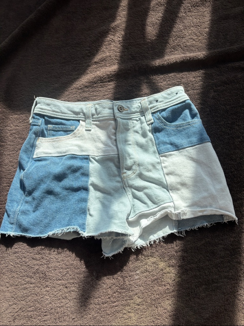 Hollister Two-Tone Patchwork Denim Shorts - Light Blue & White